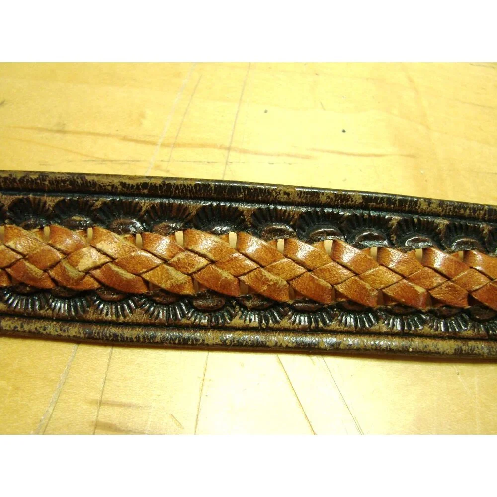 Mens Two Tone Brown Leather Braided Inlaid Belt Size 42 Made in Mexico Vintage